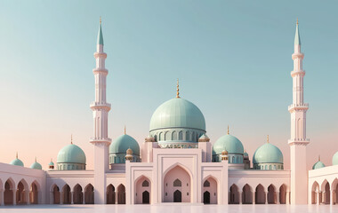 A minimalist 3D-rendered scene of a mosque with smooth, pastel-colored surfaces. The mosque features elegant domes and a tall minaret, set against a soft gradient sky blending warm and cool pastel 