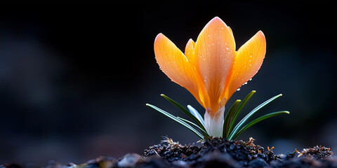 Orange Crocus Blossom With Dew Drops In Dark Background