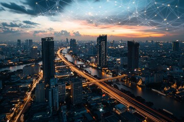 Big data connection technology is depicted by light trails from speed lines that illuminate a smart city