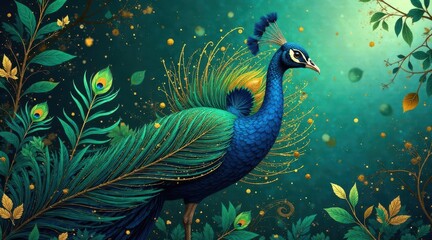 Fototapeta premium Majestic Peacock in a Sparkling Emerald Forest, Adorned with Golden Accents and Lush Foliage
