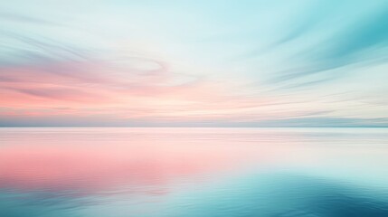 Obraz premium Serene seascape during sunset with soft pastel hues of pink, peach, and blue reflected on calm ocean waves. Peaceful beach scene with a minimal and tranquil atmosphere. Generative AI