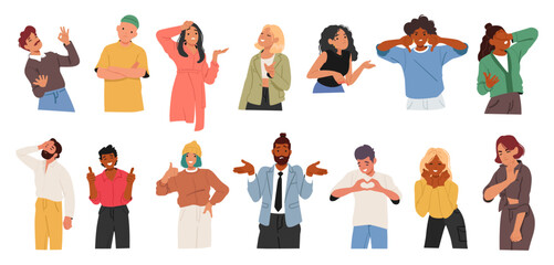 Diverse people character showcasing different reaction, giving various feedback in communication