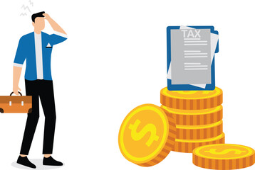A businessman scratches his head looking at tax paper on top of coins. Illustration for paying taxes, tax deductions, taxable income