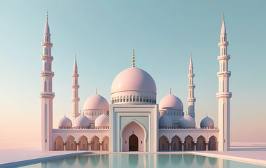 A minimalist 3D-rendered scene of a mosque with smooth, pastel-colored surfaces. The mosque features elegant domes and a tall minaret, set against a soft gradient sky blending warm and cool pastel 