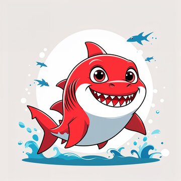 Cute red shark cartoon illustration on plain white background