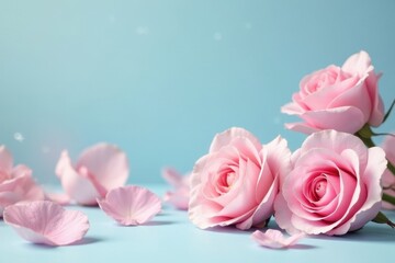 Delicate Pink Roses and Petals on a Soft Blue Background, a Romantic and Serene Floral Arrangement