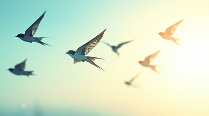 Obraz premium A series of barn swallows in flight, captured soaring against a blue sky, demonstrating the grace and freedom of these beautiful birds in motion.