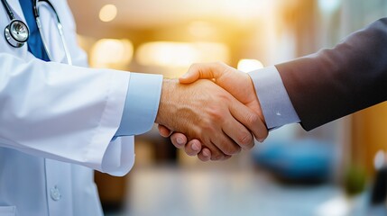 Doctor and Business Professional Shaking Hands in a Bright Modern Medical Environment Symbolizing Collaboration and Partnership for Healthcare Solutions