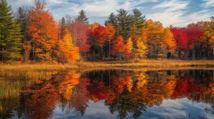 Fototapeta premium Vibrant red and yellow autumn trees reflected in a calm lake surrounded by golden reeds. Serene fall landscape in a wooded area with rich seasonal colors. Nature and tranquility concept. Generative AI