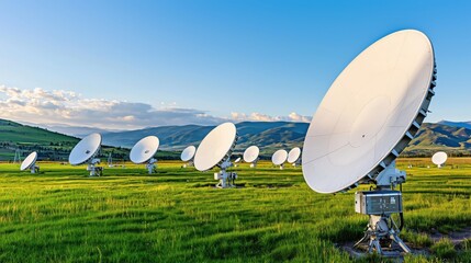 Array of Satellite Dishes Under Bright Sky in Grass Field with Mountains in Background, Modern Technology and Communication Infrastructure