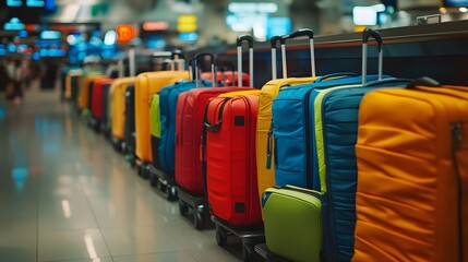 Fototapeta premium Colorful Suitcases Lined Up at Airport Baggage Claim Travel Luggage Vacation