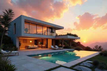 Fototapeta premium Modern Architectural Design Hillside Residence with Infinity Pool and Sunset Views