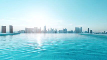 Obraz premium A serene skyline view featuring an infinity pool reflecting the morning sun, with modern city buildings in the background.