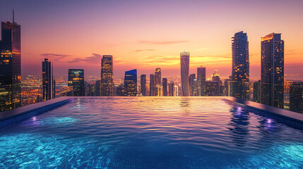 Fototapeta premium A stunning rooftop infinity pool overlooks a vibrant city skyline at sunset, showcasing a blend of urban beauty and natural colors.