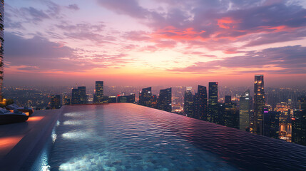 Obraz premium A stunning skyline at sunset with an infinity pool, showcasing vibrant colors reflecting off water, surrounded by towering city buildings.