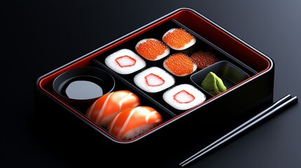 A beautifully arranged sushi bento box featuring a variety of sushi rolls, wasabi, and dipping sauce. Perfect for showcasing Japanese cuisine in a modern and elegant presentation.