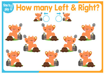 
children's educational game, tasks. count how many elements will be placed on the right and how many on the left. cat. animal.
