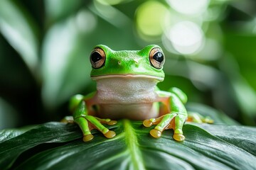 Fototapeta premium A White-lipped Tree Frog resting on a wooden background adorned with brown and green hues