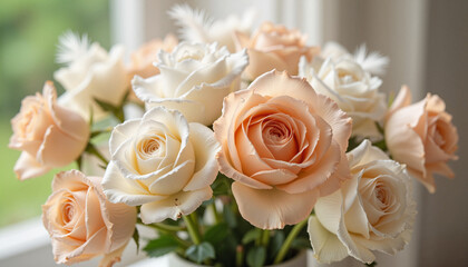 Obraz premium Bouquet of roses with delicate feathers, dreamlike ambiance