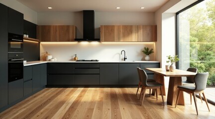 Modern kitchen design with sleek dark cabinetry and warm wood accents, overlooking a tranquil natural landscape through expansive windows