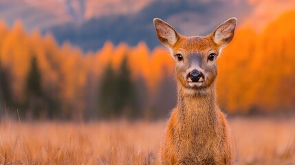 Deer in autumnal meadow, mountains background, wildlife scene