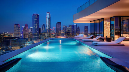 Fototapeta premium A luxurious rooftop pool at night, surrounded by a stunning city skyline, with sleek loungers and vibrant lights reflecting on the water.