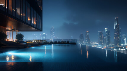 A nighttime view of a luxurious infinity pool with city skyline reflections, illuminated by soft lights, creating a serene and modern atmosphere.
