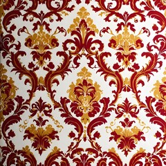 Red and yellow wallpaper vintage flock with red damask design on a white background retro vintage style
