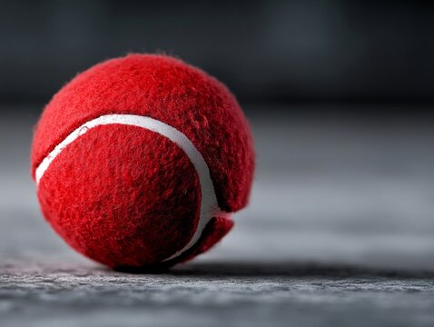 A red tennis ball sitting on top of a tennis court