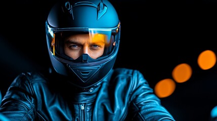 A man in a leather jacket and helmet on a motorcycle