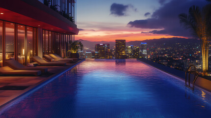 A stunning rooftop infinity pool at sunset, with city lights twinkling in the background, creating a serene and luxurious atmosphere.