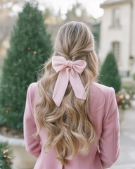 Stylish back-facing pose of a woman in a soft pink jacket, her long curly light brown hair tied with a charming pink bow. A perfect blend of beauty and sophistication.