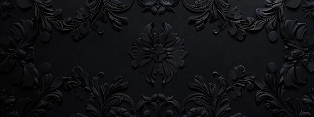 Chic black background with intricate patterns. Featuring white space in the center for text. Elegant dark wallpaper ideal for design and banners. Simple geometric modern wallpaper.