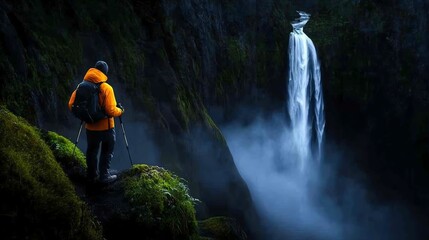 A breathtaking scene of a hiker in an orange jacket standing by a stunning waterfall, surrounded by lush green moss, capturing the essence of adventure and nature's beauty.