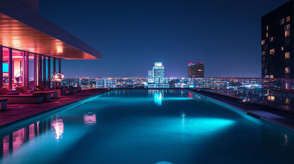 Obraz premium A stunning rooftop pool scene at night, showcasing vibrant city lights and a serene atmosphere.