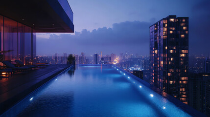Obraz premium A serene rooftop infinity pool overlooks a vibrant city skyline at dusk, illuminated by twinkling lights and a tranquil atmosphere.