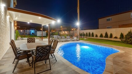 Fototapeta premium Night poolside villa patio dining, illuminated garden