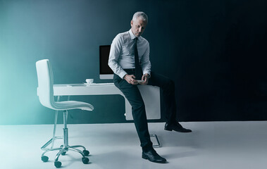 Reading, phone and business man in office for trading portfolio, stock broker news or client...