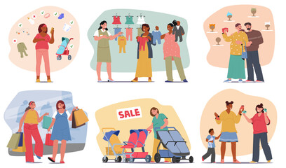 Fototapeta premium Pregnant woman making purchases at baby shop choosing newborn clothing and accessories set