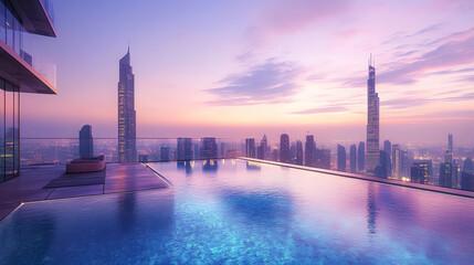 Fototapeta premium A stunning view from a rooftop infinity pool overlooking a vibrant skyline at sunset, showcasing skyscrapers and a serene atmosphere.