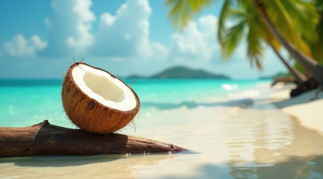 Tropical beach paradise half coconut rests on driftwood, idyllic ocean view