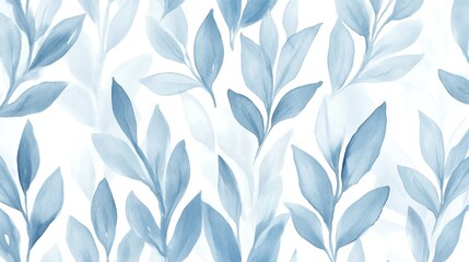 Gentle Blue Watercolor Seamless Pattern, Delicate Sketched Branches, Soft Light, Ethereal Background