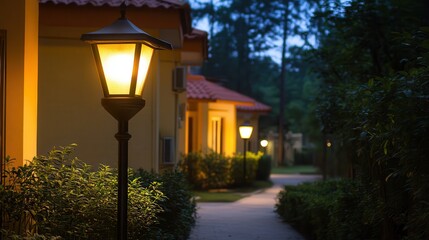 Nighttime resort path, lit lamp, villas, peaceful