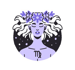 Circle avatar of Virgo zodiac sign. Horoscope symbol, constellation of woman in astrology calendar. Round shape icon with esoteric star element. Flat isolated vector illustration on white background