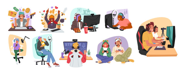 Children streamers, cyber sport gamers, teenagers playing computer games, enjoying live streaming © Anna Syvak