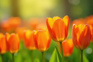 Striking orange tulips, neatly arranged, sunny spring day , outdoor, sunny day
