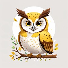 Cute yellow owl cartoon illustration on plain white background