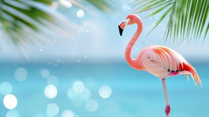 Fototapeta premium A pink flamingo standing on a beach next to a palm tree