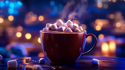 A cozy cup of hot chocolate topped with fluffy marshmallows, gently steaming and set against a blurred background of warm lights, evoking a sense of comfort and warmth.