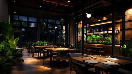 Fototapeta premium A cozy and inviting restaurant interior at night, featuring modern wooden furnishings and lush green plants, creating a serene dining atmosphere perfect for intimate gatherings.